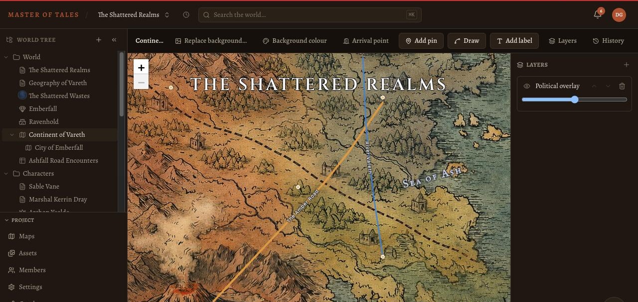 A pinned map in Master of Tales