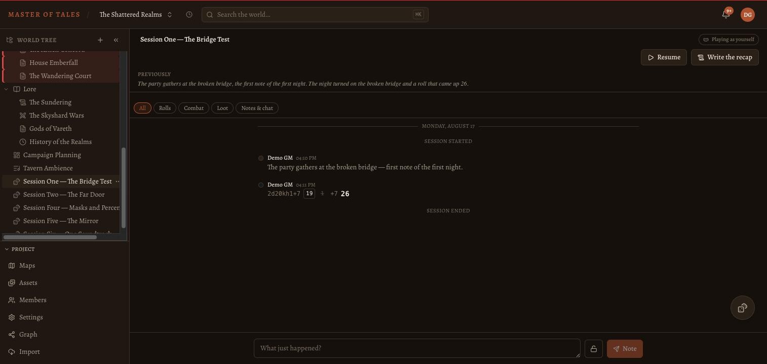 Running a session in Master of Tales